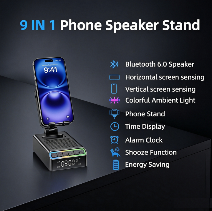 Geryst Wireless Induction Speaker/Phone Stand,9-in-1 Bluetooth 6.0 Speaker | (Landscape/Portrait)Induction,Stereo Sound,Adjustable Phone Holder,RGB/Alarm Clock,Home Office,Gifts for Men Women