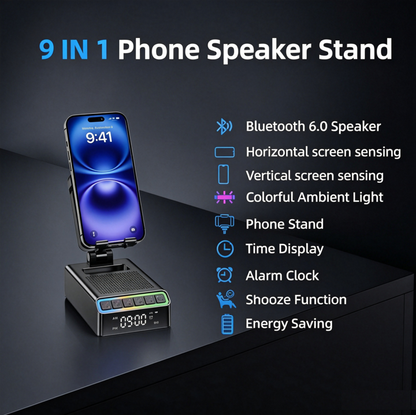 Geryst Wireless Induction Speaker/Phone Stand,9-in-1 Bluetooth 6.0 Speaker | (Landscape/Portrait)Induction,Stereo Sound,Adjustable Phone Holder,RGB/Alarm Clock,Home Office,Gifts for Men Women