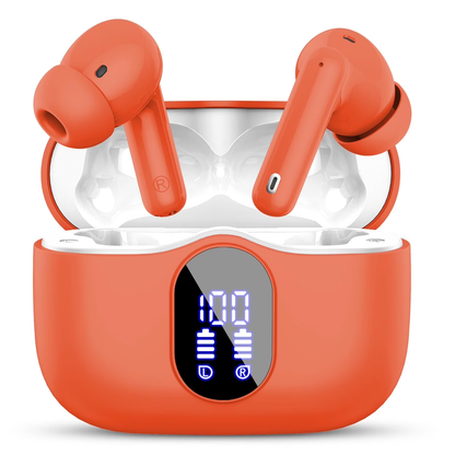 Btootos Wireless Earbuds, Bluetooth 5.4 Headphones Bass Stereo, Ear Buds with Noise Cancelling Mic, LED Display in Ear Earphones Clear Calls, IP7 Waterproof Bluetooth Earbuds for Laptop/Phones/Sports, Orange