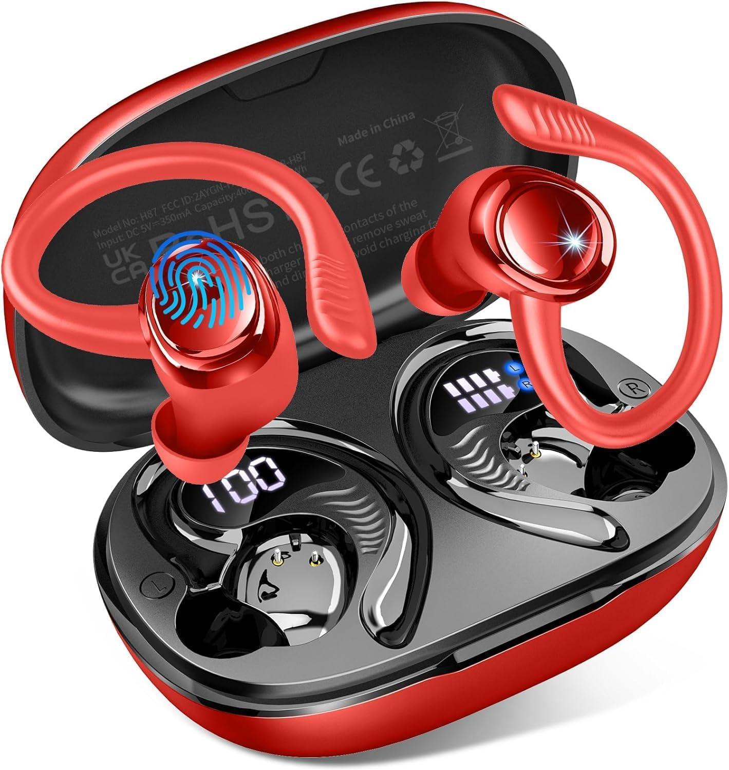 Hupoaf Wireless Earbuds Sport, NEW Bluetooth 5.4 Headphones with Earhooks, 50H Stereo Deep Bass Over Ear Buds with 4 ENC Noise Canceling Mics, IP7 Waterproof Earphones for Running Workout Gym -Red