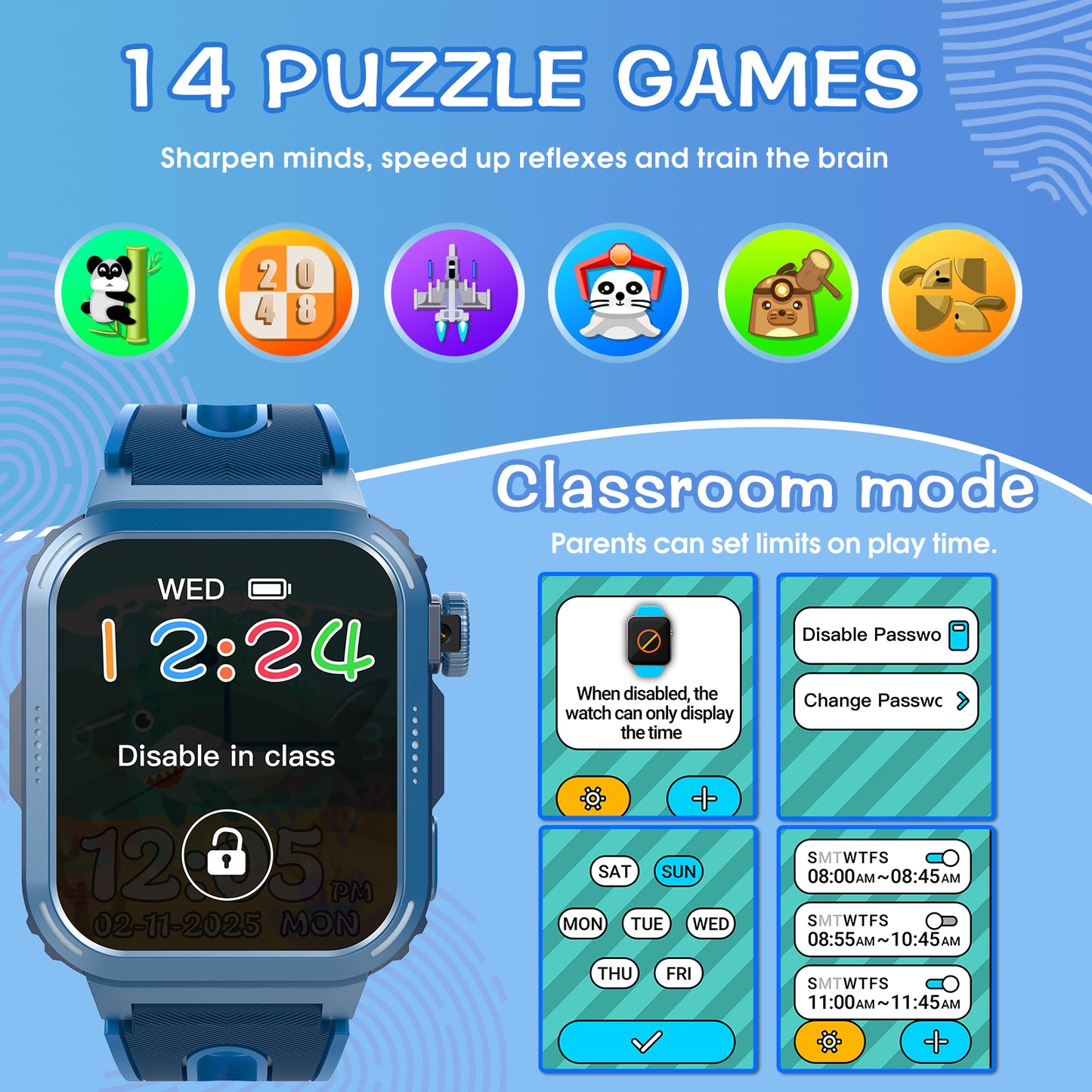 Coucur Kids Smart Watch with Classroom Mode, 1.83 HD Touch Screen Smartwatch for Kids, Learn Cards, Camera, Music Player, 14 Puzzle Games, 100 Sports Modes, IP68 Waterproof, Best Gift for Kids