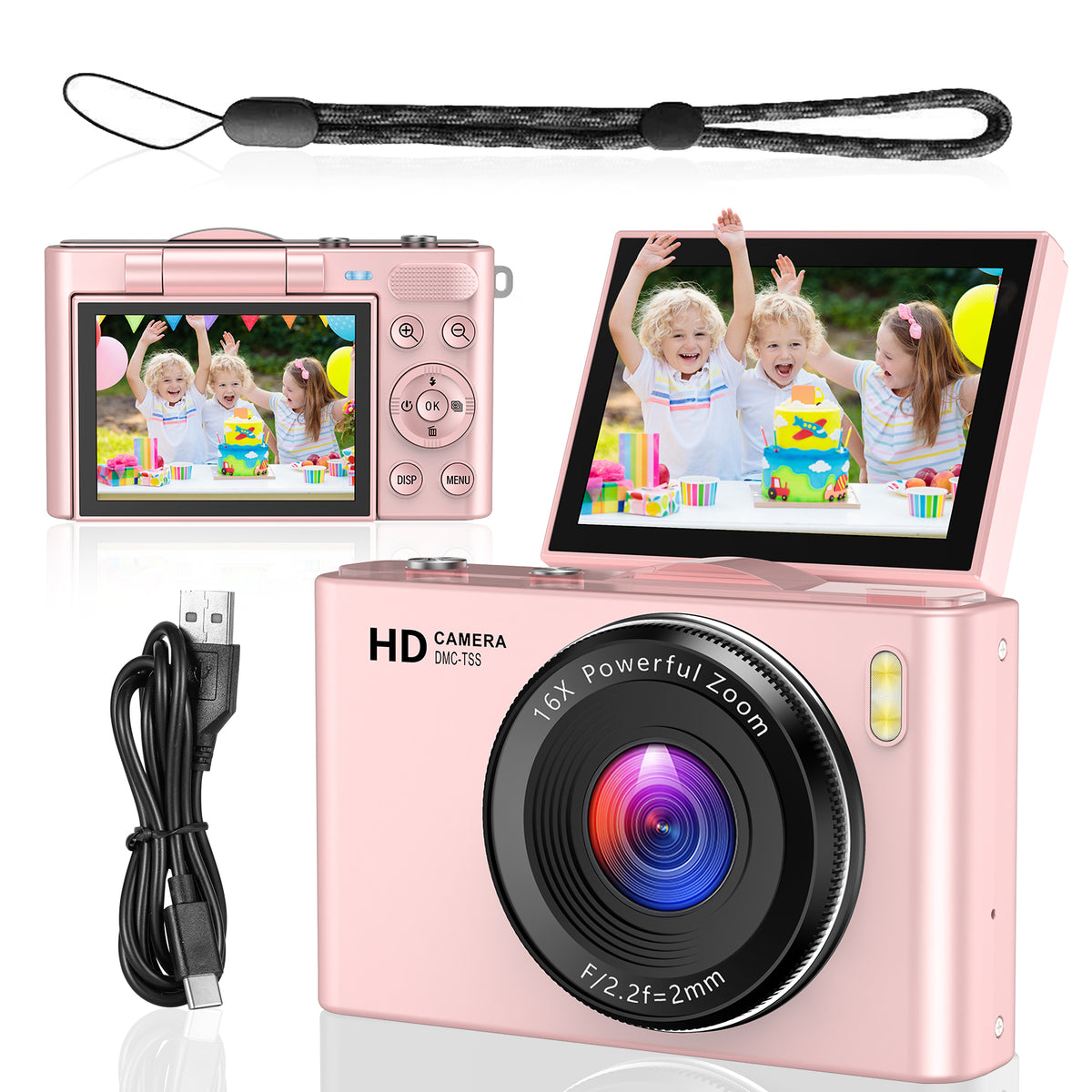 Geryst 4K 64MP Shoot Digital Camera for Kids, Teens, Beginners, Autofocus Point-and-Shoot Camera with 2.4" 180° Flip Screen, 16X Digital Zoom, Anti-Shake, Usb-c, Selfie Vlogging Camera for Travel,Gifts,Pink