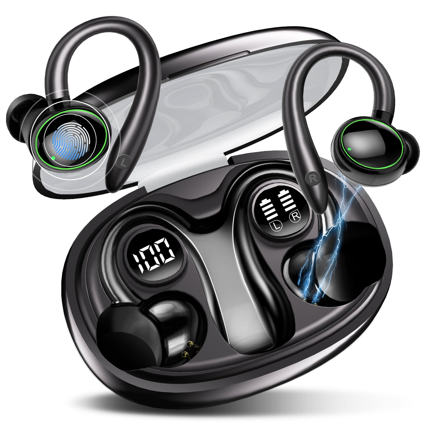 Wireless Earbuds, Bluetooth 5.4 Sports Headphones, 50H Playback Over Ear Earbuds with ENC Noise Cancelling Mic, Deep Bass Fitness Earphones Gym Running Workout with Earhooks, IP7 Waterproof Headset