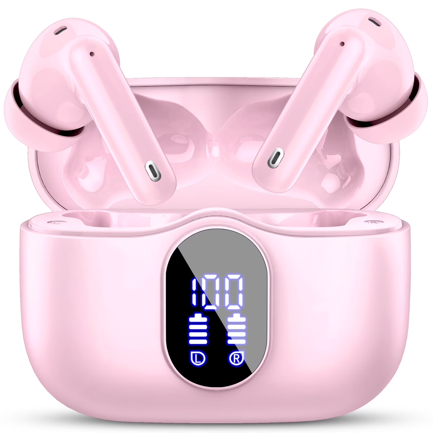 Btootos Wireless Earbuds, Bluetooth 5.4 Headphones Bass Stereo, Ear Buds with Noise Cancelling Mic, LED Display in Ear Earphones Clear Calls, IP7 Waterproof Bluetooth Earbuds for Laptop/Phones/Sports, Pink