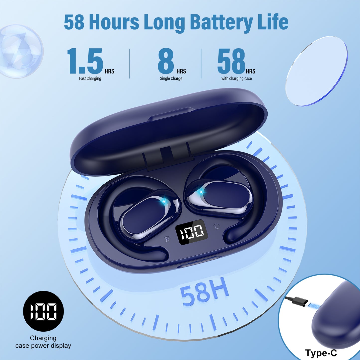 Open Ear Earbuds, Bluetooth 5.4 Headphones, HD Stereo Bass Wireless Earphones with Earhooks, 58Hrs Playtime, IP7 Waterproof for Fitness, Cycling, Sports