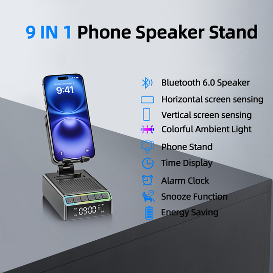 Wireless Induction Speaker/Phone Stand,9-in-1 Bluetooth 6.0 Speaker | (Landscape/Portrait)Induction,Stereo Sound,Adjustable Phone Holder,RGB/Alarm Clock,Home Office,Gifts for Men Women