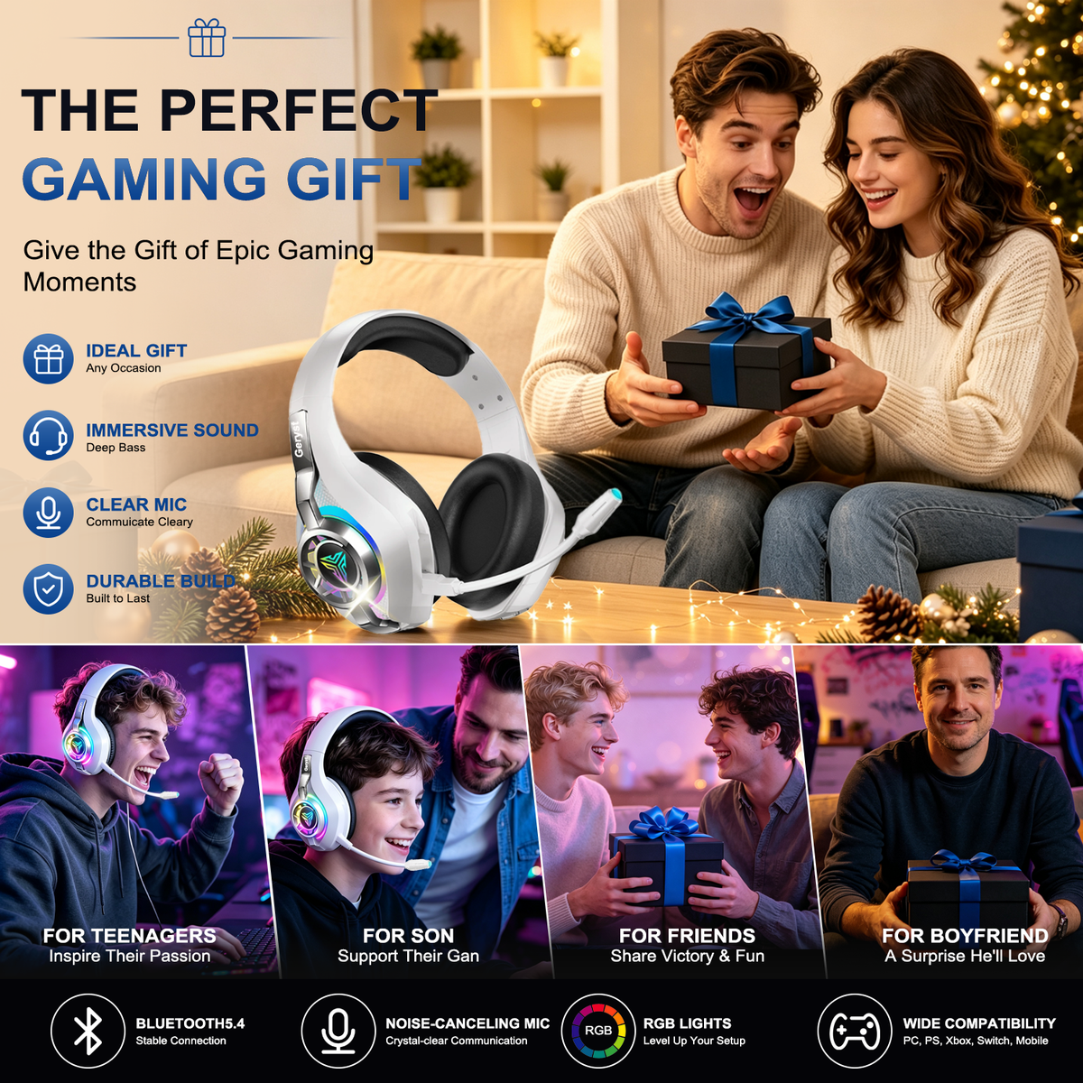 Geryst 2.4GHz Wireless Gaming Headset for PS4/PS5/Switch/PC, Bluetooth Over Ear Headphones with ENC Noise Cancelling Mic,7.1 Stereo Surround Sound, 40mm Drivers, RGB Light, 45H Battery Gaming Headphone