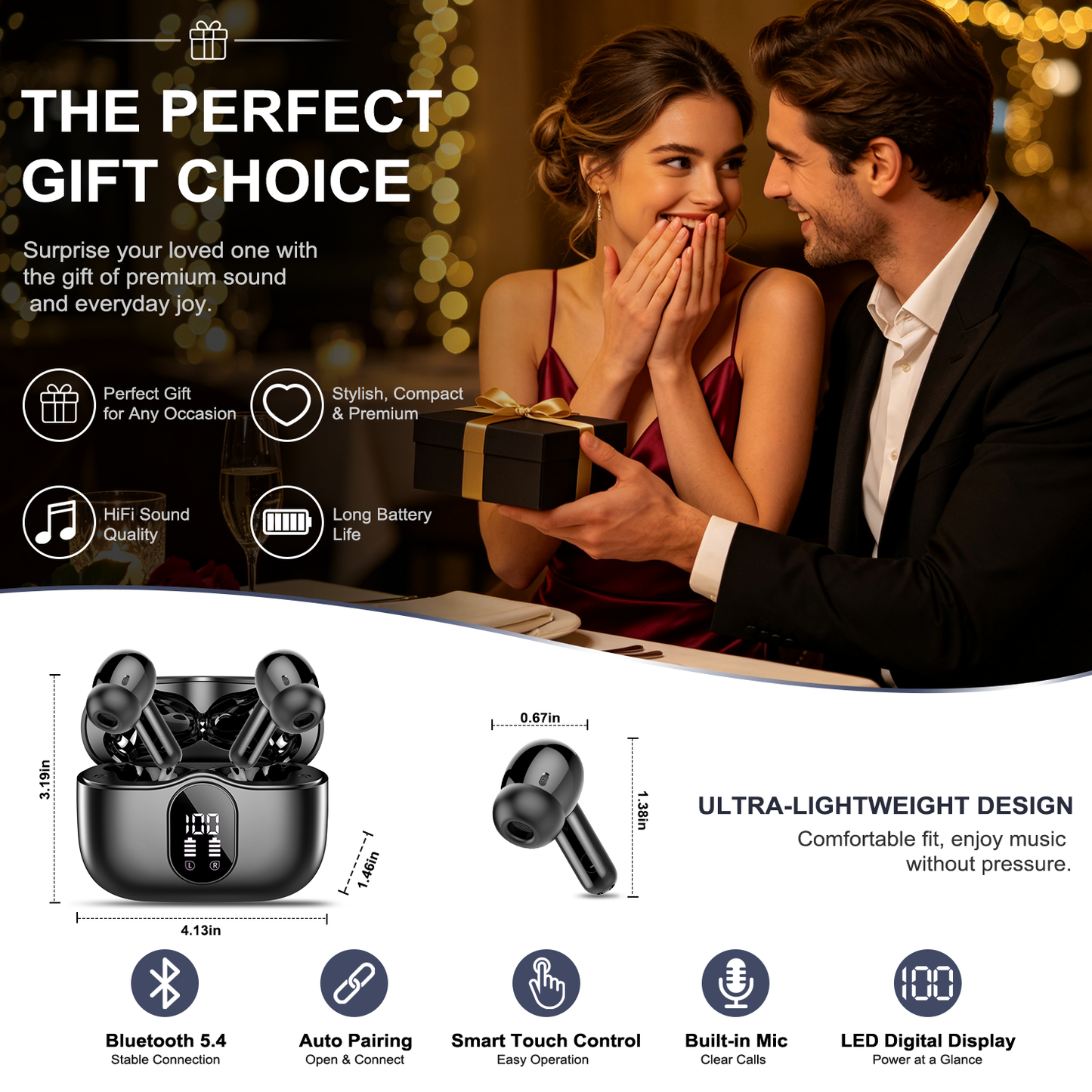 Wireless Earbuds, Bluetooth 5.4 Headphones Bass Stereo, Ear Buds with Noise Cancelling Mic, LED Display in Ear Earphones Clear Calls, IP7 Waterproof Bluetooth Earbuds for Phones/Sports/Laptop, Black
