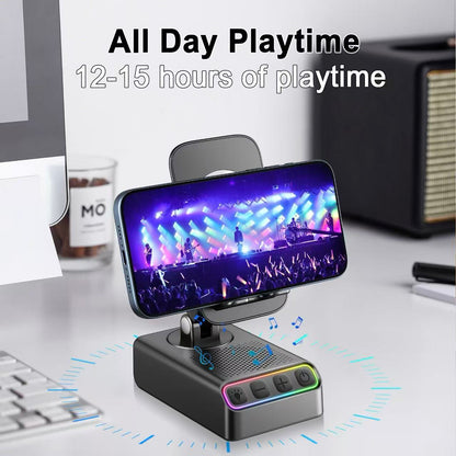 Geryst Adjustable Cell Phone Stand with Wireless Induction Bluetooth Speaker, HD Surround Sound, Color-Changing LED Light, and Non-Slip Phone Holder – Perfect for Yoga and Kitchen, a Great Gift for Everyone
