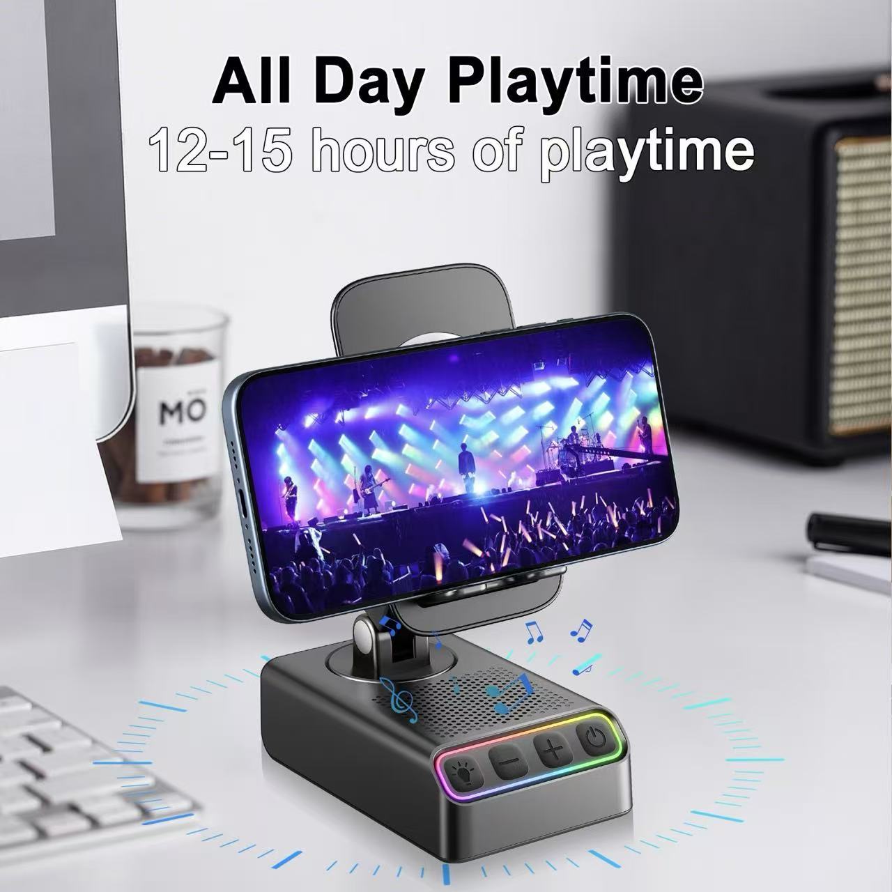 Geryst Adjustable Cell Phone Stand with Wireless Induction Bluetooth Speaker, HD Surround Sound, Color-Changing LED Light, and Non-Slip Phone Holder – Perfect for Yoga and Kitchen, a Great Gift for Everyone