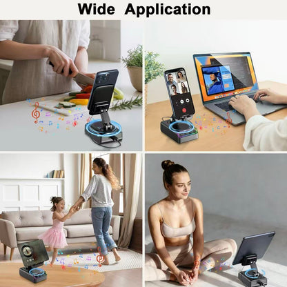 Geryst Adjustable Cell Phone Stand with Wireless Induction Bluetooth Speaker, HD Surround Sound, Color-Changing LED Light, and Non-Slip Phone Holder – Perfect for Yoga and Kitchen, a Great Gift for Everyone
