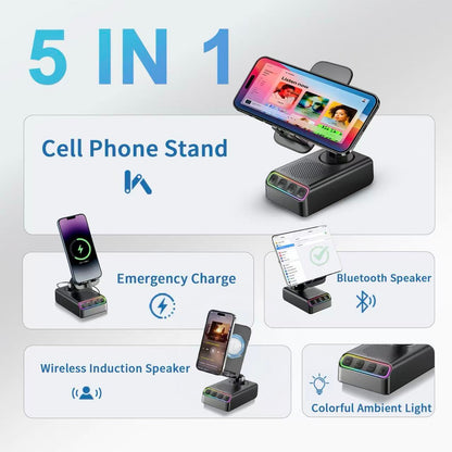 Geryst Adjustable Cell Phone Stand with Wireless Induction Bluetooth Speaker, HD Surround Sound, Color-Changing LED Light, and Non-Slip Phone Holder – Perfect for Yoga and Kitchen, a Great Gift for Everyone