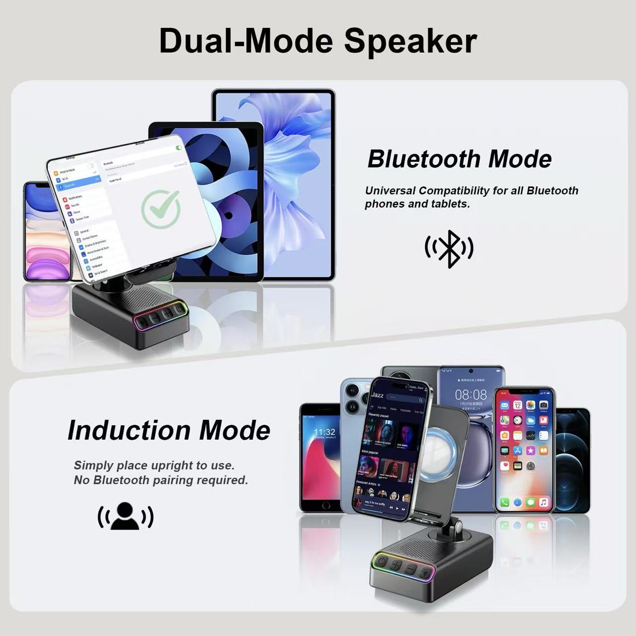 Geryst Adjustable Cell Phone Stand with Wireless Induction Bluetooth Speaker, HD Surround Sound, Color-Changing LED Light, and Non-Slip Phone Holder – Perfect for Yoga and Kitchen, a Great Gift for Everyone