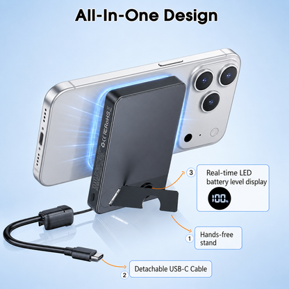 Btootos Magnetic Power Bank 10000mAh, 20W Fast Charging Wireless Power Bank, Portable Charger With a folding stand and Portable Fast-Charging Cable, Compatible with iPhone 17/16/15 Series, Samsung, Android