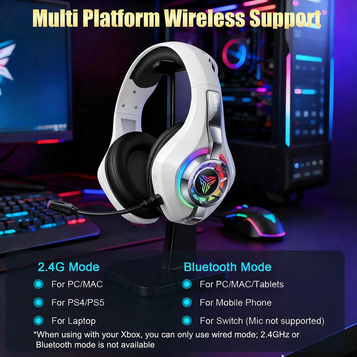 Geryst 2.4GHz Wireless Gaming Headset for PS4/PS5/Switch/PC, Bluetooth Over Ear Headphones with ENC Noise Cancelling Mic,7.1 Stereo Surround Sound, 40mm Drivers, RGB Light, 45H Battery Gaming Headphone