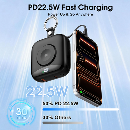 Btootos 10000mAh Portable Charger, Power Bank with Built-in Usb-c/Usb-a Cables, 22.5W Fast Charging, Apple Watch Magnetic Wireless Charger, LED Display, Compact Travel Battery Pack for iPhone Samsung, Black