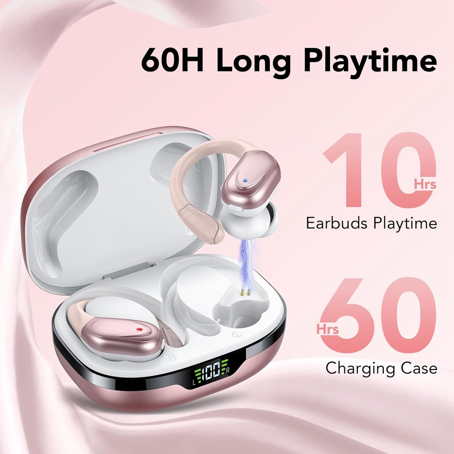 TONECOOL Wireless Earbuds Bluetooth 5.3 Headphones 60hrs Playtime with Digital Display Sports Wireless Headphones with Earhook Deep Bass IPX7 Waterproof Over-Ear Earbuds for Android iOS Workout