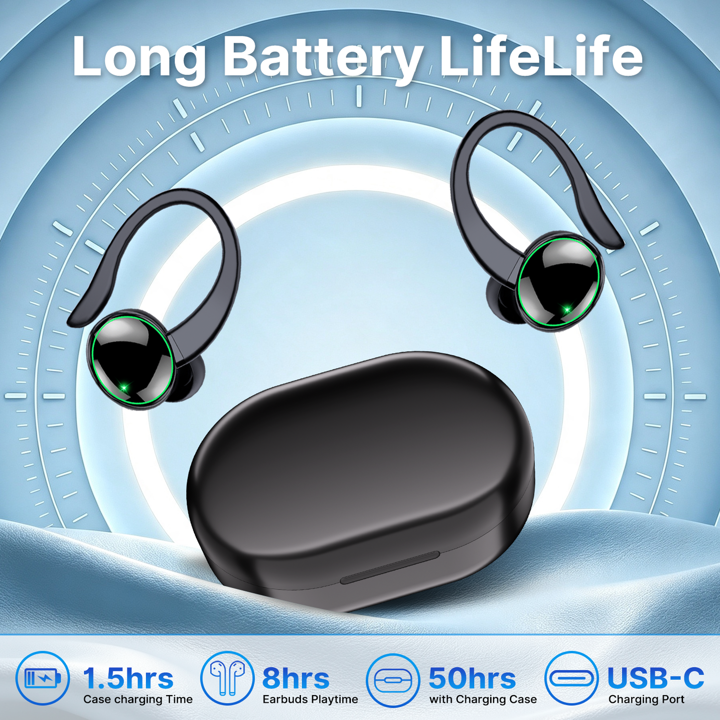 Btootos Wireless Earbuds, Bluetooth 5.4 Sports Headphones, 50H Playback Over Ear Earbuds with ENC Noise Cancelling Mic, Deep Bass Fitness Earphones Gym Running Workout with Earhooks, IP7 Waterproof Headset