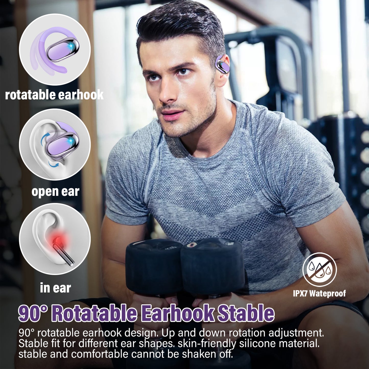 Open Ear Earbuds, Bluetooth 5.4 Headphones, HD Stereo Bass Wireless Earphones with Earhooks, 58Hrs Playtime, IP7 Waterproof for Fitness, Cycling, Sports