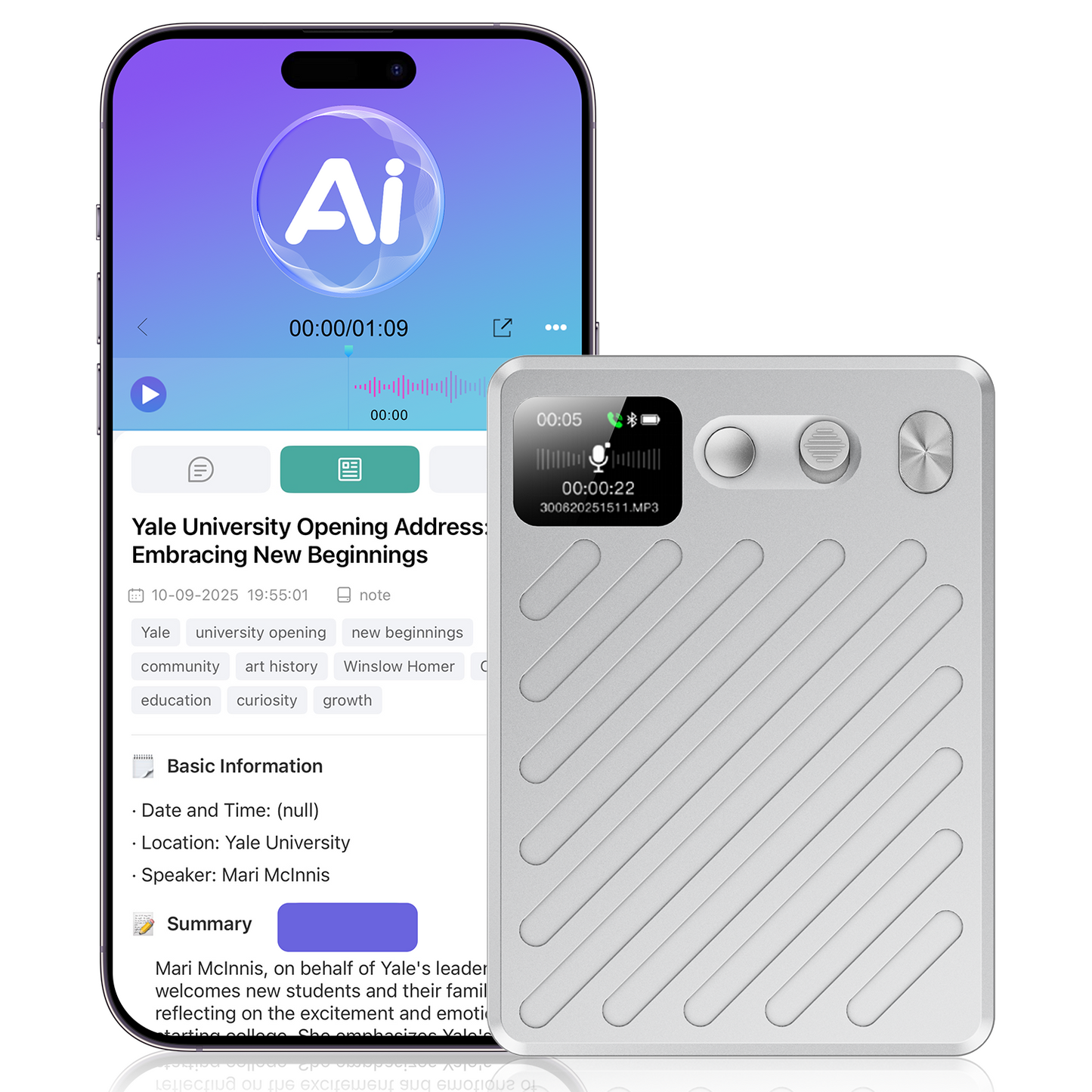 Btootos AI Voice Recorder, Real-Time Transcribe & Summarize, Real time translation of audio and video, Noise Cancellation Technology, 132 Languages, 100H Continious Record, for Meetings, Lectures, Calls, 64G
