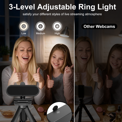 Geryst 2K HD Webcam with Autofocus, 3-Level Ring Light, 0.01Lux Low-Light Vision, 108° Wide-Angle USB Web Camera, Dual Noise-Canceling Mics, Privacy Cover & Tripod for PC Laptop, Streaming, Meetings, Black