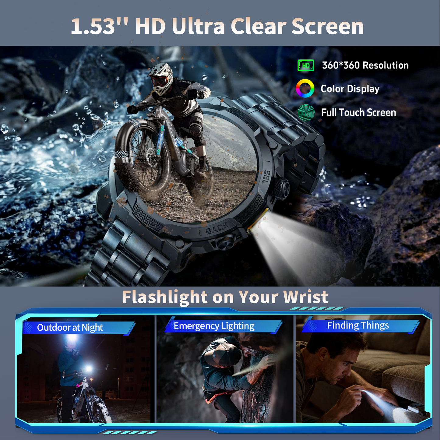 Smart Watches for Men (Answer/Make Call), 1.53" HD Military Smartwatch, 50+ Days Extra-Long Battery Life Fitness Tracker, Flashlight/110+Sports/Sleep Monitor/IP68 Waterproof Android iOS