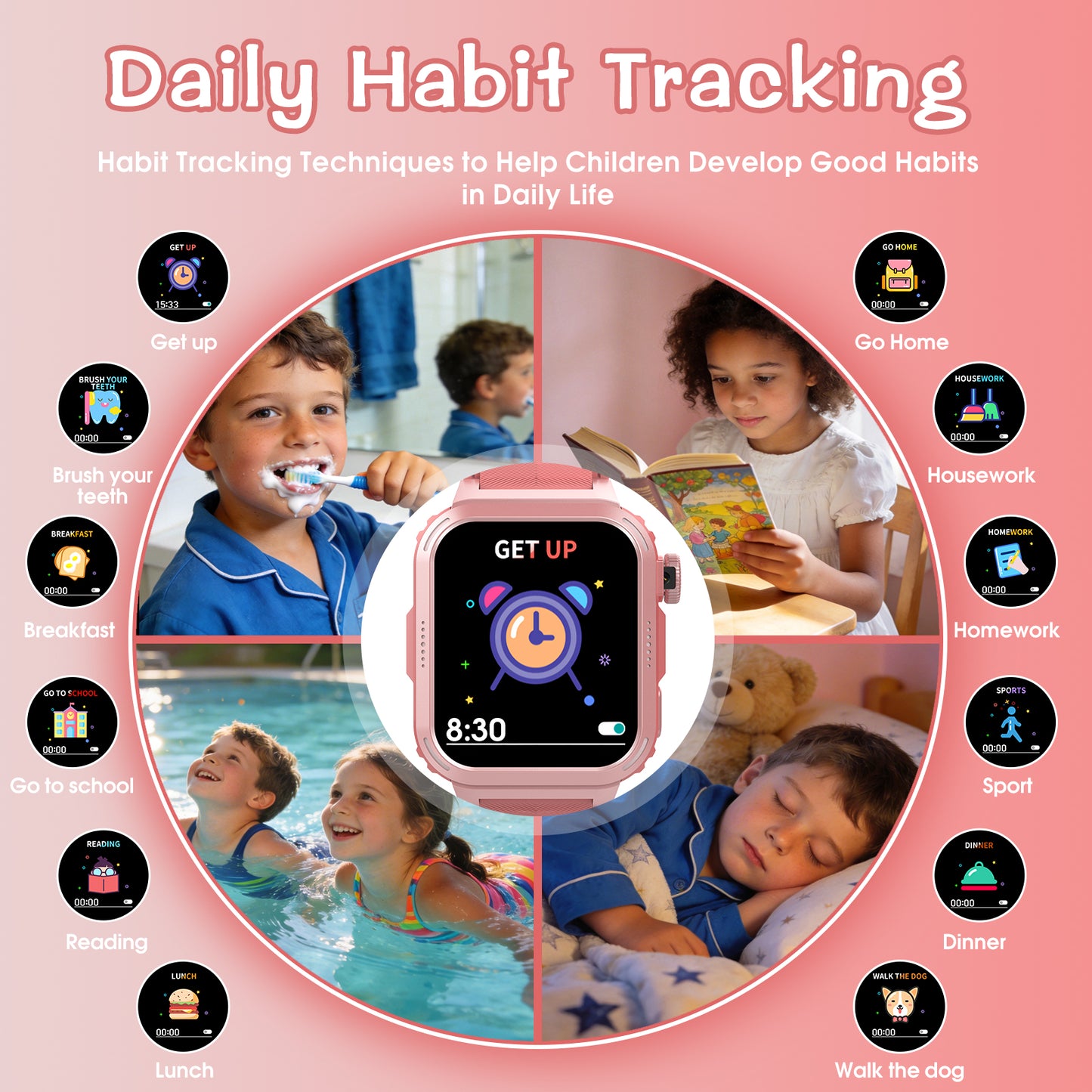 Coucur Kids Smart Watch with Classroom Mode, 1.83 HD Touch Screen Smartwatch for Kids, Learn Cards, Camera, Music Player, 14 Puzzle Games, 100 Sports Modes, IP68 Waterproof, Best Gift for Kids