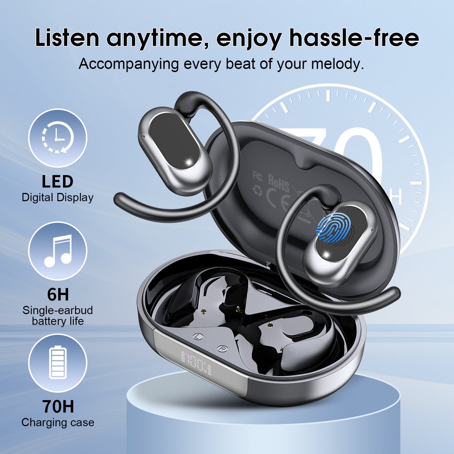 Btootos Open Ear Earbuds, Bluetooth 5.4 Headphones, Wireless Earbuds with Ear Hooks,70H HiFi Stereo Open Ear Headphones with Mic, IP7 Waterproof Lightweight Air Conduction Headphones for Workouts and Running