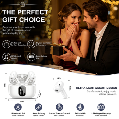 Btootos Wireless Earbuds, Bluetooth 5.4 Headphones Bass Stereo, Ear Buds with Noise Cancelling Mic, LED Display in Ear Earphones Clear Calls, IP7 Waterproof Bluetooth Earbuds for Phones/Sports/Laptop, White