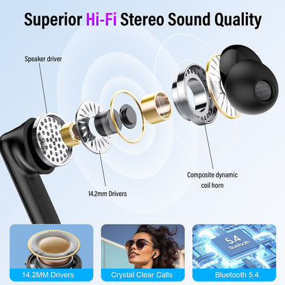 Btootos Touch Screen Wireless Earbuds, Headphones Bluetooth 5.4 Ear Buds with ANC and ENC Clear Calls, 48H Noise Cancelling Earbud, 14.2mm Deep Bass, 5 EQ Modes, IPX7 Waterproof Earphones, for iOS Android