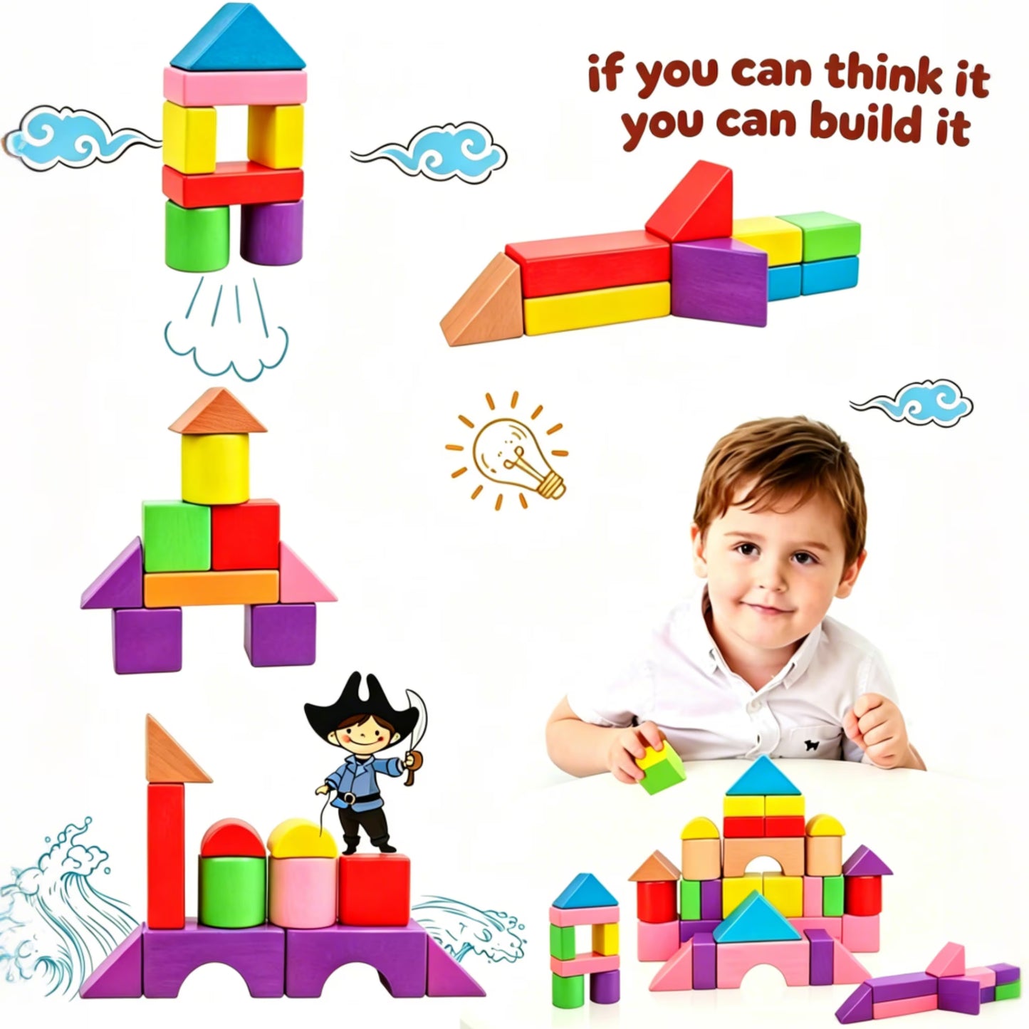 TGGPL Wooden Building Blocks, 50-Piece Set of Sorting & Stacking Toys, Montessori Wood Block Gifts For Preschool Boys & Girls, Classic Toddler Toys for Girls & Boys Ages 2+