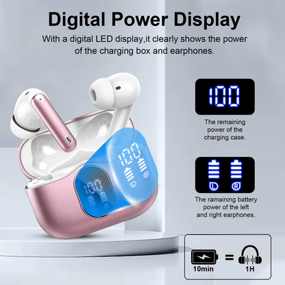 Btootos Wireless Earbuds, Bluetooth 5.4 Headphones Bass Stereo, Ear Buds with Noise Cancelling Mic, LED Display in Ear Earphones Clear Calls, IP7 Waterproof Bluetooth Earbuds for Laptop/Phones, Rose Gold