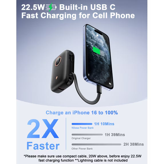 Btootos Power Bank, 10000mAh Mini Portable Charger 22.5W Fast Charging, Ultra Portable Powerbank with Integrated USB C Cable, External Batteries with 3 Output Ports for iPhone  Samsung Xiaomi Android iPad