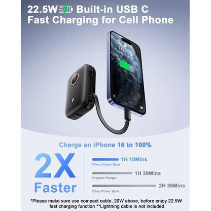 Btootos Power Bank, 10000mAh Mini Portable Charger 22.5W Fast Charging, Ultra Portable Powerbank with Integrated USB C Cable, External Batteries with 3 Output Ports for iPhone  Samsung Xiaomi Android iPad