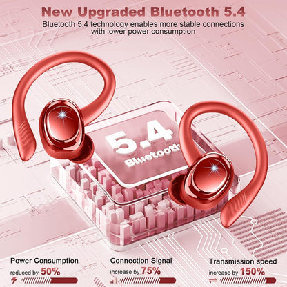 Hupoaf Wireless Earbuds Sport, NEW Bluetooth 5.4 Headphones with Earhooks, 50H Stereo Deep Bass Over Ear Buds with 4 ENC Noise Canceling Mics, IP7 Waterproof Earphones for Running Workout Gym -Red