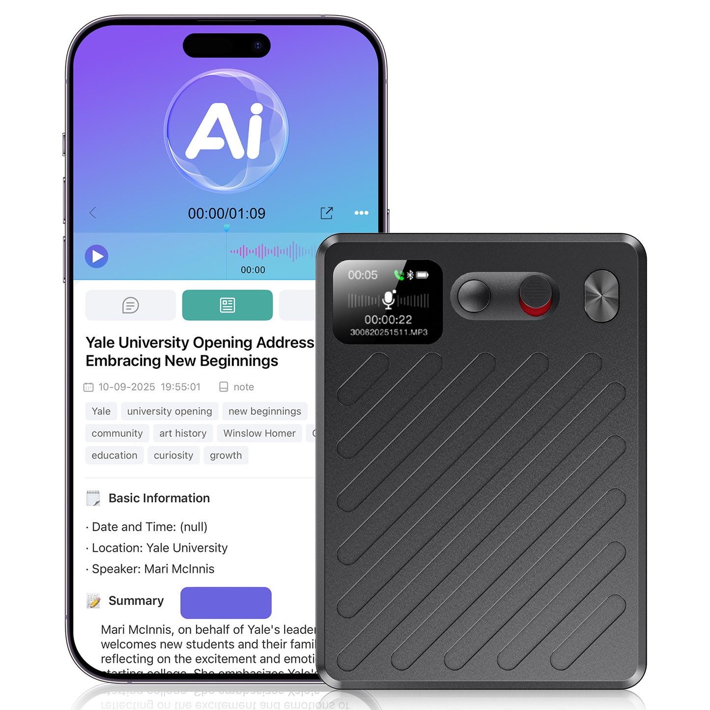 Btootos AI Voice Recorder, Real-Time Transcribe & Summarize, Real time translation of audio and video, Noise Cancellation Technology, 132 Languages, 100H Continious Record, for Meetings, Lectures, Calls 64GB