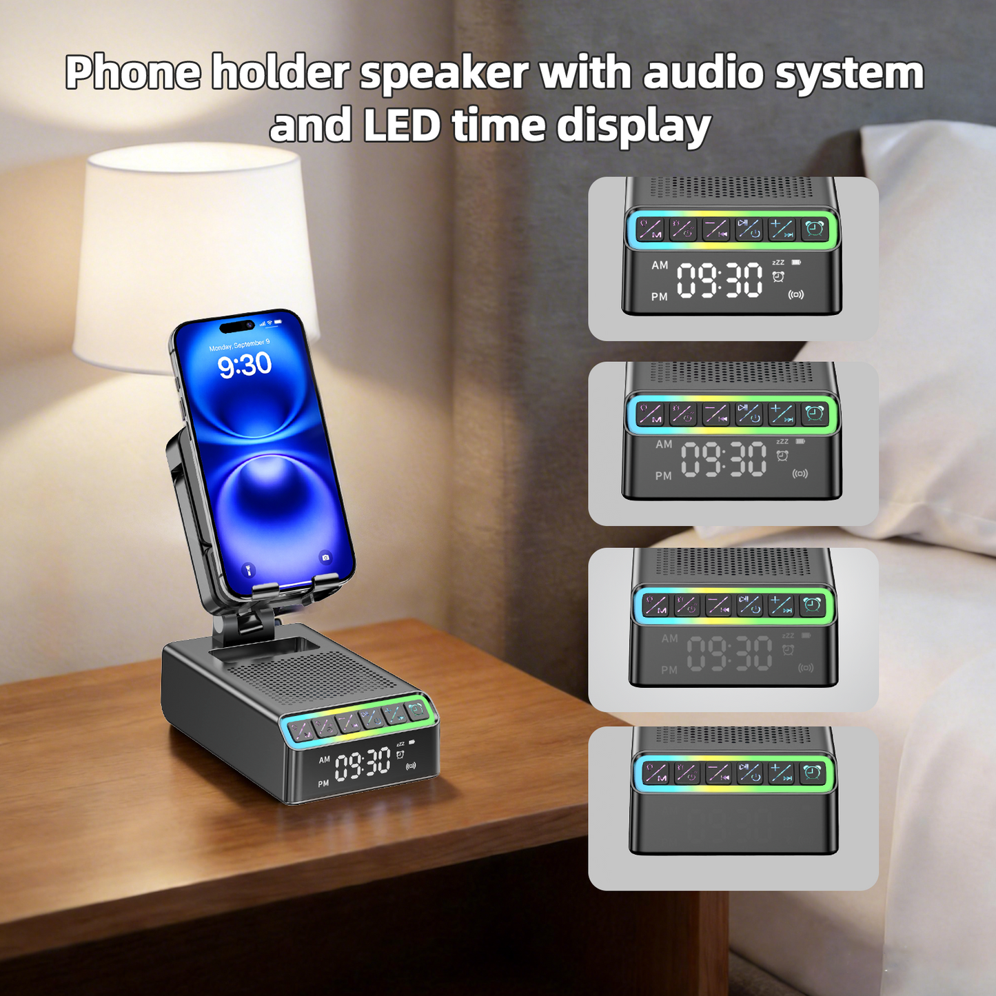 Wireless Induction Speaker/Phone Stand,9-in-1 Bluetooth 6.0 Speaker | (Landscape/Portrait)Induction,Stereo Sound,Adjustable Phone Holder,RGB/Alarm Clock,Home Office,Gifts for Men Women
