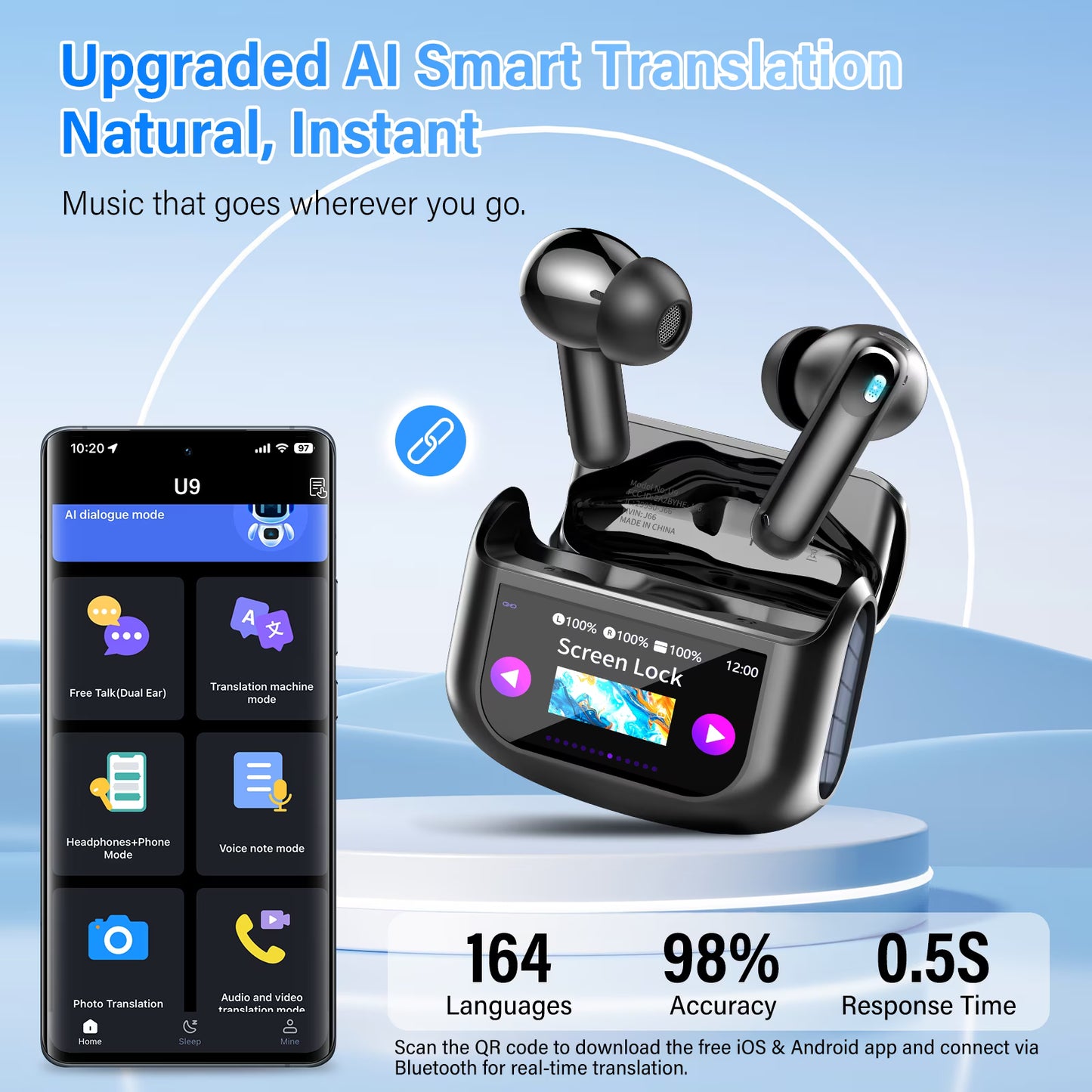 Btootos AI Translation Earbuds Real Time,164 Language/7 Translation Modes Translator Earbuds with Audio and Video Calls,No Subscription,5 EQ Modes Touch Screen Translator Headphones,48H AI Ear Buds Translato
