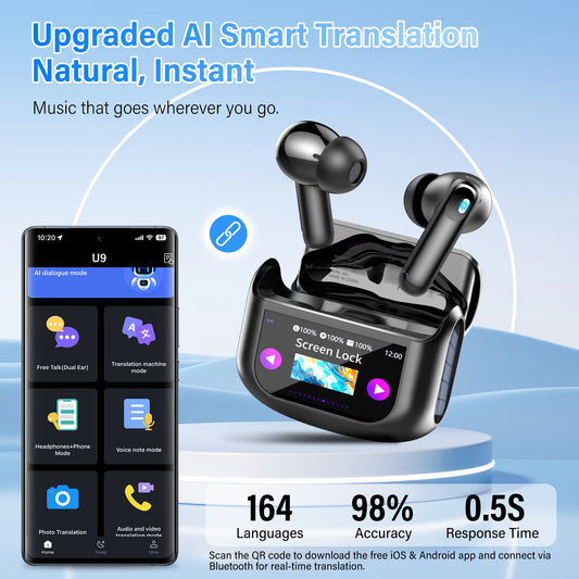 Btootos AI Translation Earbuds Real Time,164 Language/7 Translation Modes Translator Earbuds with Audio and Video Calls,No Subscription,5 EQ Modes Touch Screen Translator Headphones,48H AI Ear Buds Translato