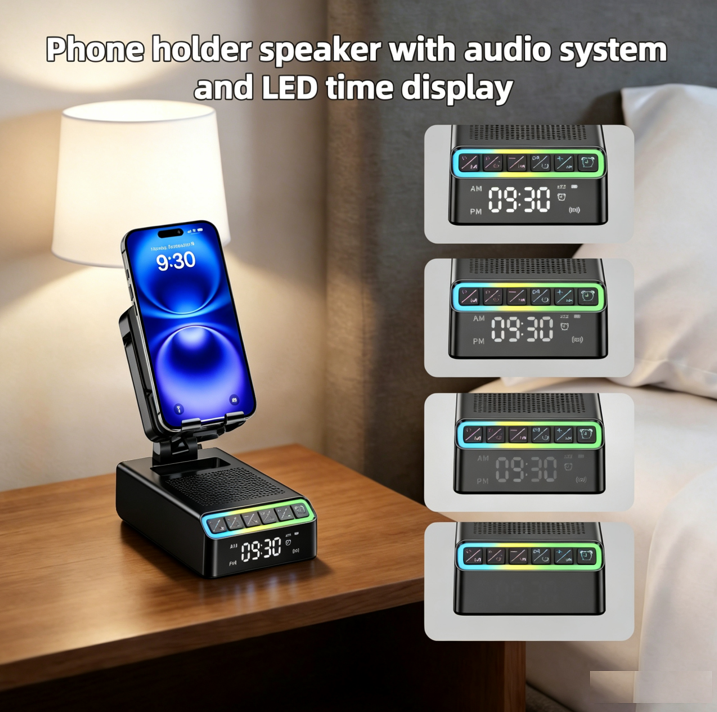 Geryst Wireless Induction Speaker/Phone Stand,9-in-1 Bluetooth 6.0 Speaker | (Landscape/Portrait)Induction,Stereo Sound,Adjustable Phone Holder,RGB/Alarm Clock,Home Office,Gifts for Men Women
