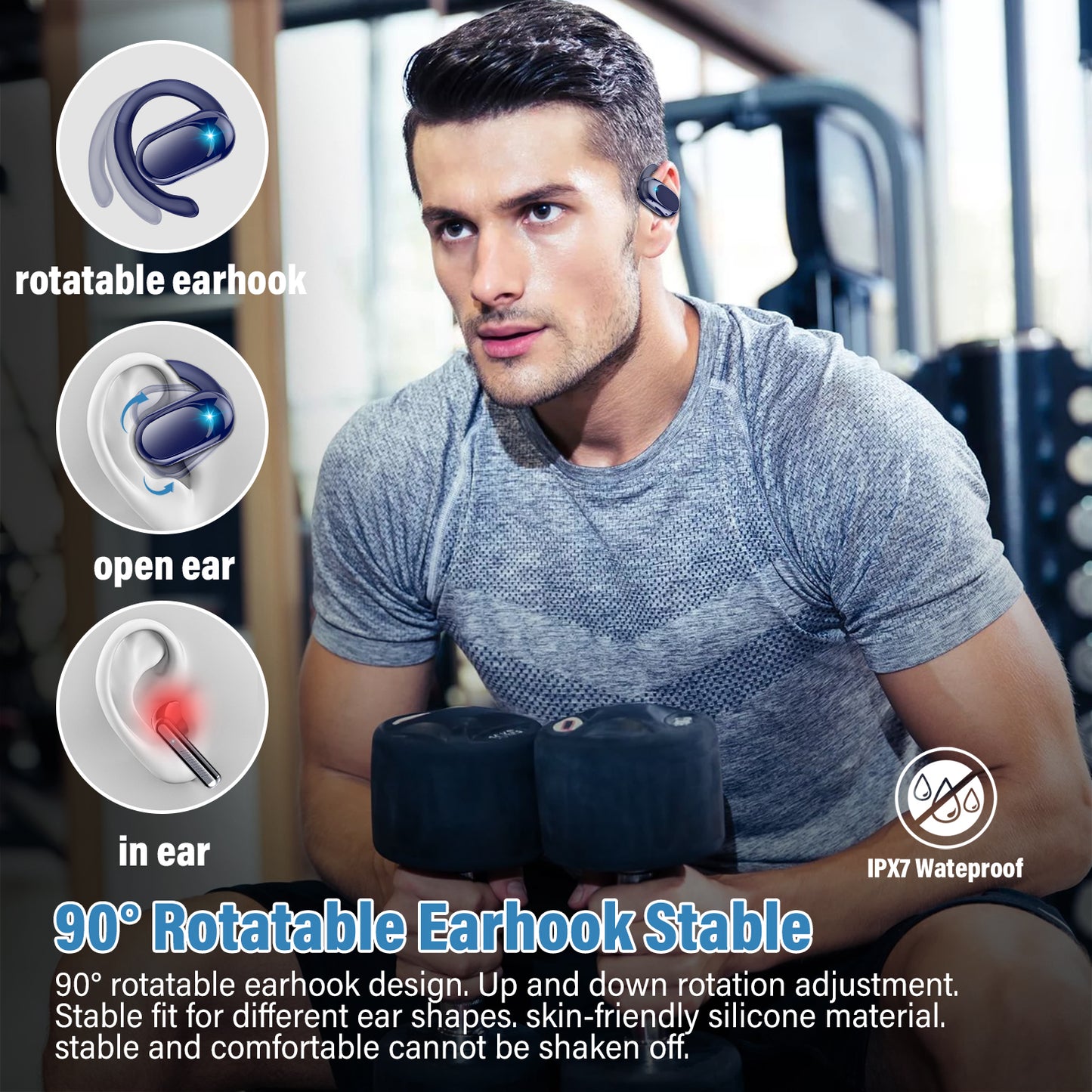 Open Ear Earbuds, Bluetooth 5.4 Headphones, HD Stereo Bass Wireless Earphones with Earhooks, 58Hrs Playtime, IP7 Waterproof for Fitness, Cycling, Sports