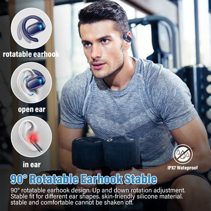 Open Ear Earbuds, Bluetooth 5.4 Headphones, HD Stereo Bass Wireless Earphones with Earhooks, 58Hrs Playtime, IP7 Waterproof for Fitness, Cycling, Sports