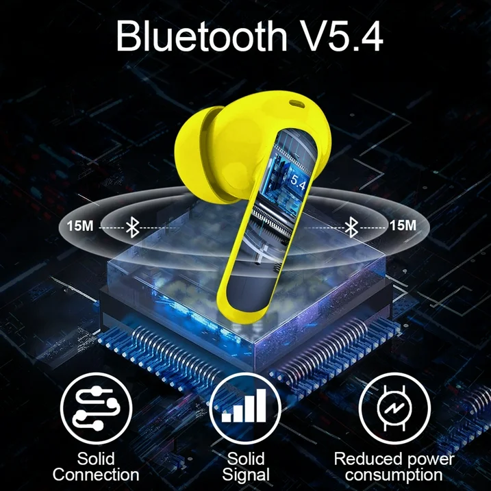 Btootos Wireless Earbuds, Bluetooth 5.4 Headphones Bass Stereo, Ear Buds with Noise Cancelling Mic, LED Display in Ear Earphones Clear Calls, IP7 Waterproof Bluetooth Earbuds for Laptop/Phones/Sports, Yellow
