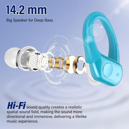 Qecnato Wireless Earbuds Bluetooth 5.4 Headphones 75H Stereo Deep Bass Sports Over Ear Buds with Earhooks, LED Display Bluetooth Earbuds with 4 ENC Mic, IP7 Waterproof Earphone for Running, Blue