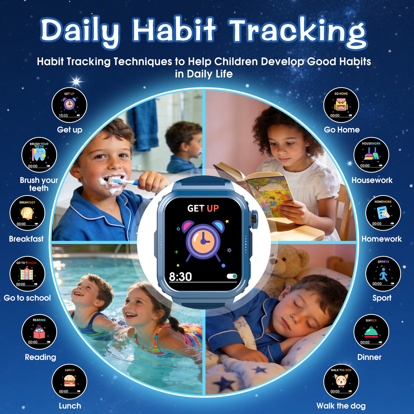 Coucur Kids Smart Watch with Classroom Mode, 1.83 HD Touch Screen Smartwatch for Kids, Learn Cards, Camera, Music Player, 14 Puzzle Games, 100 Sports Modes, IP68 Waterproof, Best Gift for Kids