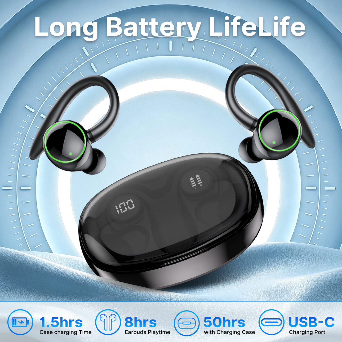 Btootos Wireless Earbuds, Bluetooth 5.4 Sports Headphones, 50H Playback Over Ear Earbuds with ENC Noise Cancelling Mic, Deep Bass Fitness Earphones Gym Running Workout with Earhooks, IP7 Waterproof Headset