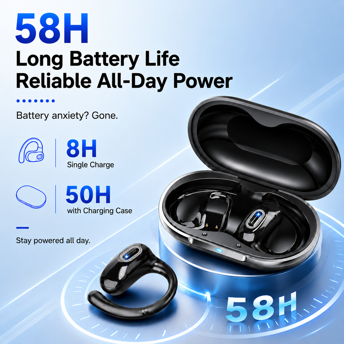 Geryst Open Ear Headphones, Open Earbuds with Comfortable Earhook, 58H Hifi Stereo Bone Conduction Earbuds with Mic, Noise Cancelling, Bluetooth 5.4 Earphones, IP7 Waterproof Wireless Earbuds for Running