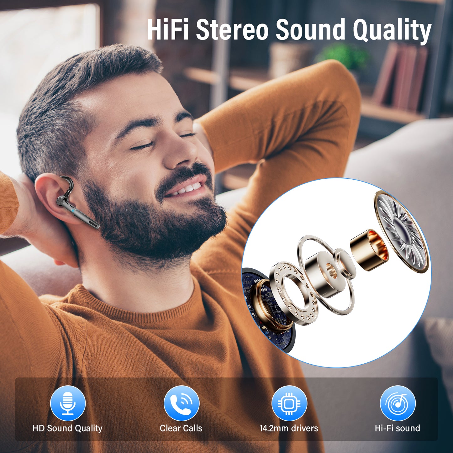 BTOOTOS Bluetooth Headset, Single-Ear Bluetooth Earpiece with ENC Mic with HiFi Stereo Sound, 72 Hours Talking Time Wireless Headset V5.3 with 400mAh Charging Case for iOS Android Cell Phones, White