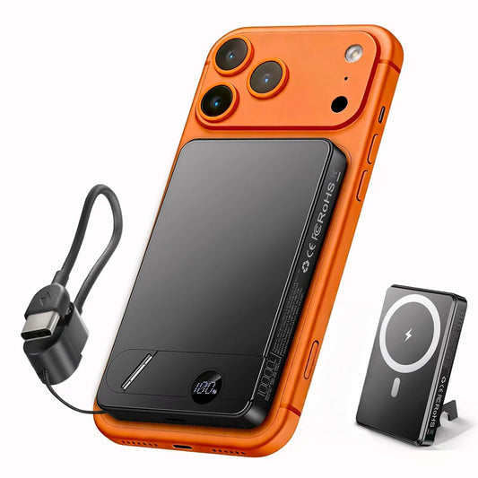 Btootos Wireless Power Bank 10000mAh, 20W Fast Charging Magnetic Power Bank, Portable Charger With a folding stand and Portable Fast-Charging Cable, Compatible with iPhone 17/16/15 Series, Samsung, Android