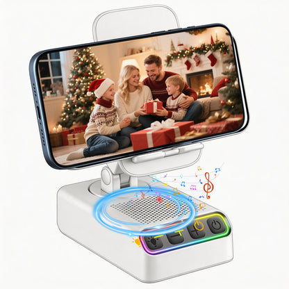 Geryst Adjustable Cell Phone Stand with Wireless Induction Bluetooth Speaker, HD Surround Sound, Color-Changing LED Light, and Non-Slip Phone Holder – Perfect for Yoga and Kitchen, a Great Gift for Everyone